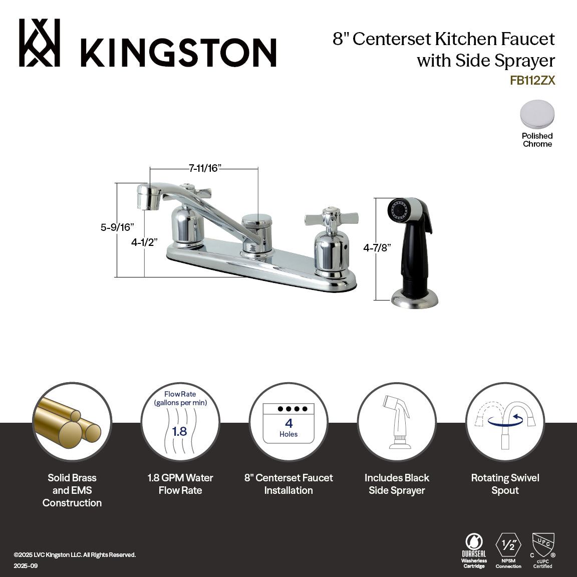 Kingston Tulare FB112ZX - Millennium Two-Handle 4-Hole 8" Centerset Kitchen Faucet with Side Sprayer, Polished Chrome — thumbnail 3